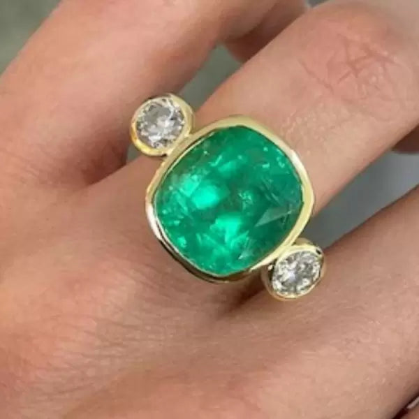 14.2ctw Cushion Cut Emerald Three Stone Bezel Vintage Engagement Ring