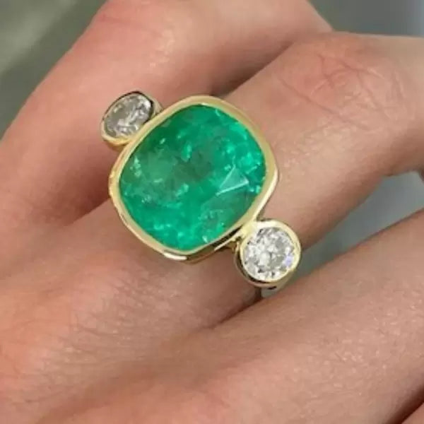 14.2ctw Cushion Cut Emerald Three Stone Bezel Vintage Engagement Ring