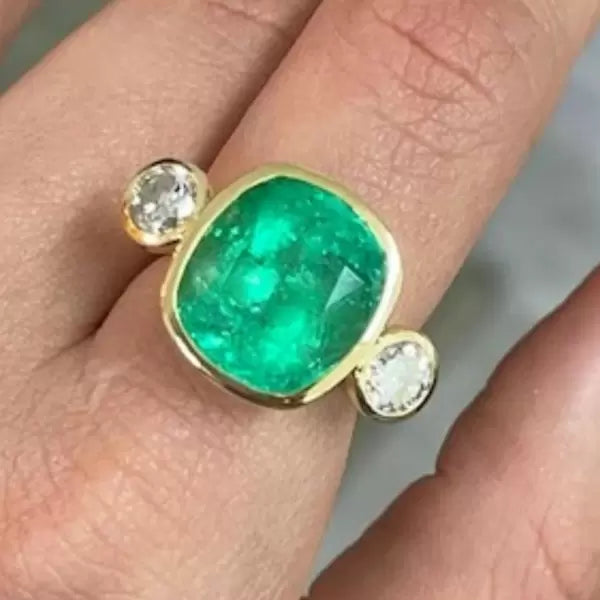 14.2ctw Cushion Cut Emerald Three Stone Bezel Vintage Engagement Ring
