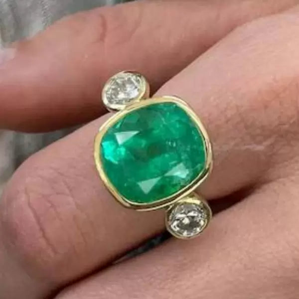 14.2ctw Cushion Cut Emerald Three Stone Bezel Vintage Engagement Ring
