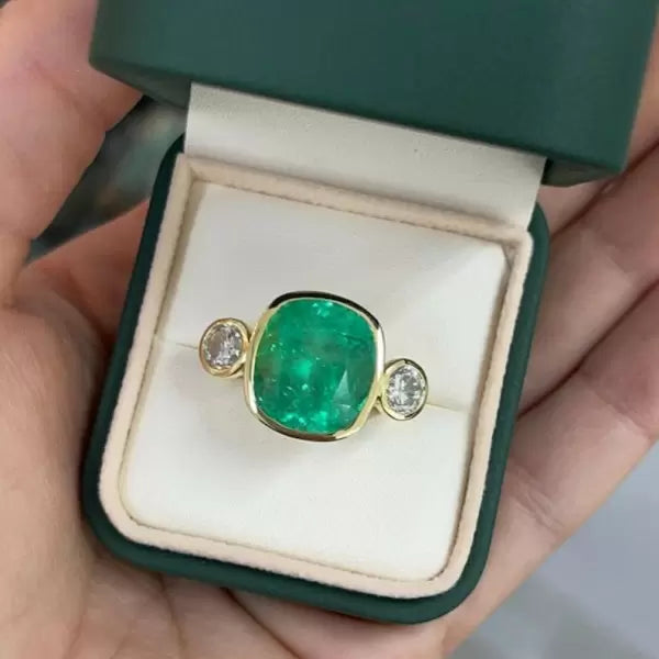 14.2ctw Cushion Cut Emerald Three Stone Bezel Vintage Engagement Ring