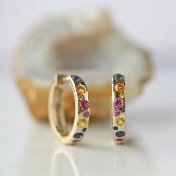 2.2ctw Round Cut Multi Sapphire Flush Set Dainty Hoop Earrings