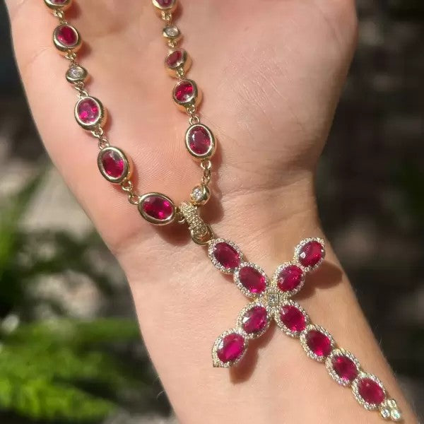 21ctw Oval Cut Ruby Vintage Cross Pendant Necklace