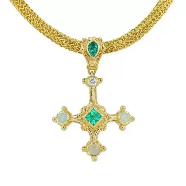9.4Ctw Round Cut Emerald Vintage Thick Chain Cross Necklace