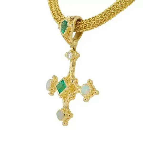 9.4Ctw Round Cut Emerald Vintage Thick Chain Cross Necklace