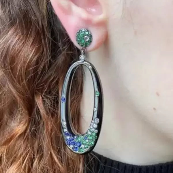 0.8Ctw Round Cut Garnet Sapphire Diamond Hoop Drop Earrings