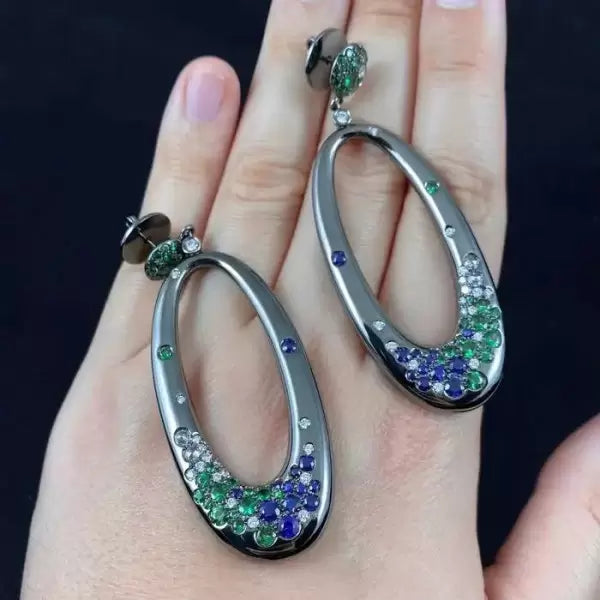 0.8Ctw Round Cut Garnet Sapphire Diamond Hoop Drop Earrings