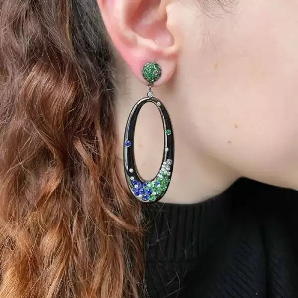 0.8Ctw Round Cut Garnet Sapphire Diamond Hoop Drop Earrings