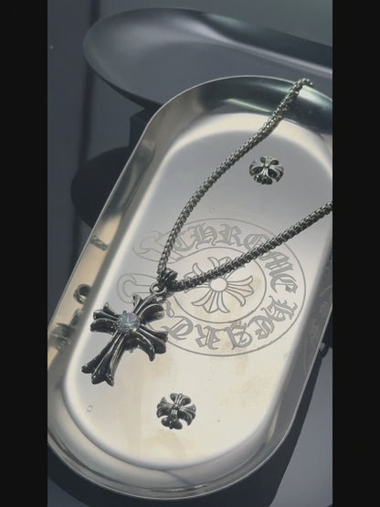 Vintage Oxidized Cross Necklace with Sword, Fleur-de-Lis & Scout Emblem Pendants | Unisex Classic Style, 65cm Chain（GS-20250912-3）