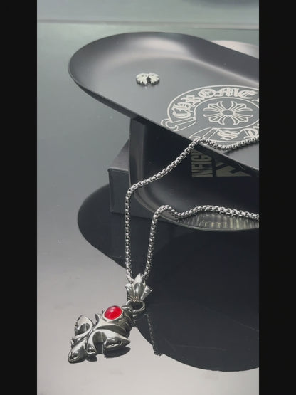 Vintage Cross Pendant Necklace with Red Gem | 316 Stainless Steel Punk Style, 65cm Chain（GS-20250912-7）