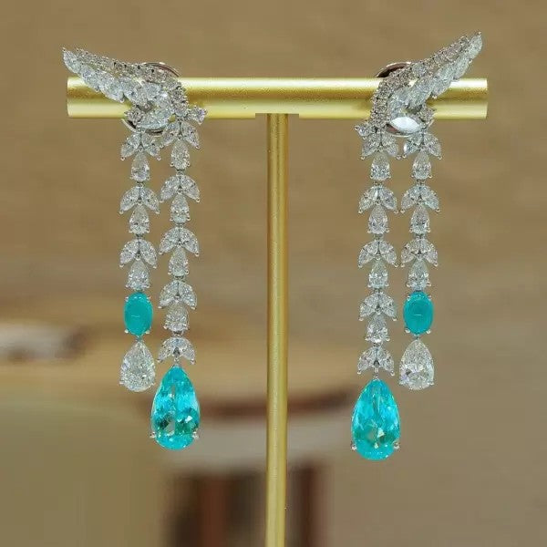 24Ctw Pear Cut White Sapphire Aquamarine Drop Earrings