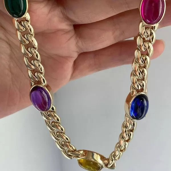 24ctw Oval Cut Multicolor Sapphire Link Chain Statement Necklace