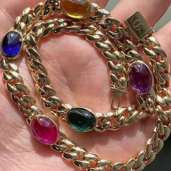 24ctw Oval Cut Multicolor Sapphire Link Chain Statement Necklace