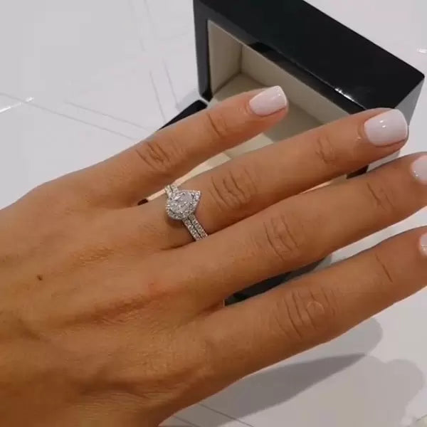 0.75CT Halo Pear Cut Sterling Silver Wedding Ring Set Metal