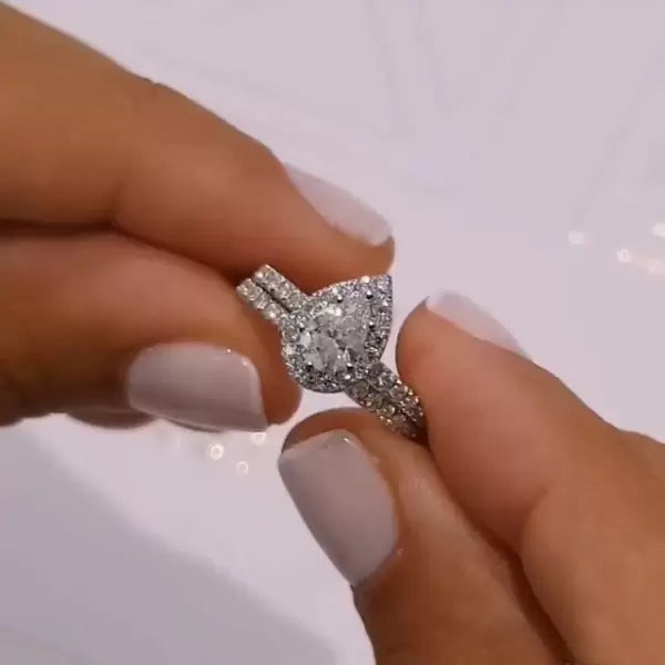 0.75CT Halo Pear Cut Sterling Silver Wedding Ring Set Metal